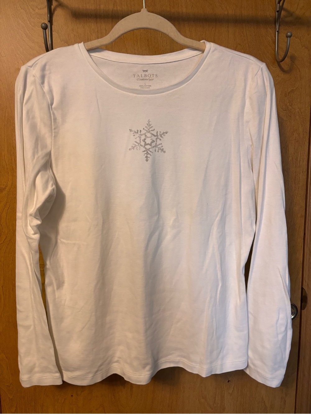 Talbots White Long-Sleeve Tee with Silver Snowflake Accent